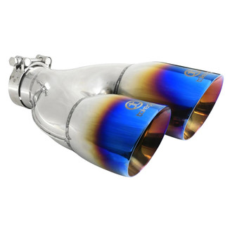 Takeda® - 304 SS Driver Side Staggered Round Angle Cut Clamp-On Dual Blue Flame Exhaust Tip (2.5" Inlet, 4" Outlet, 12" Length)