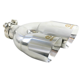 Takeda® - 304 SS Driver Side Staggered Round Angle Cut Clamp-On Dual Polished Exhaust Tip (2.5" Inlet, 4" Outlet, 12" Length)