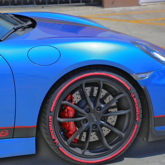 Tire Stickers® - Red "Text with F1 Stripes" Tire Lettering Kit