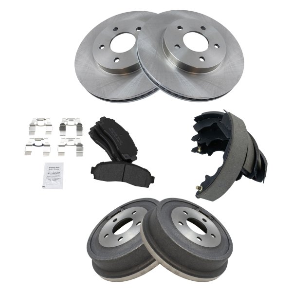 TRQ® - Front and Rear Disc and Drum Brake Kit with Semi-Metallic Pads