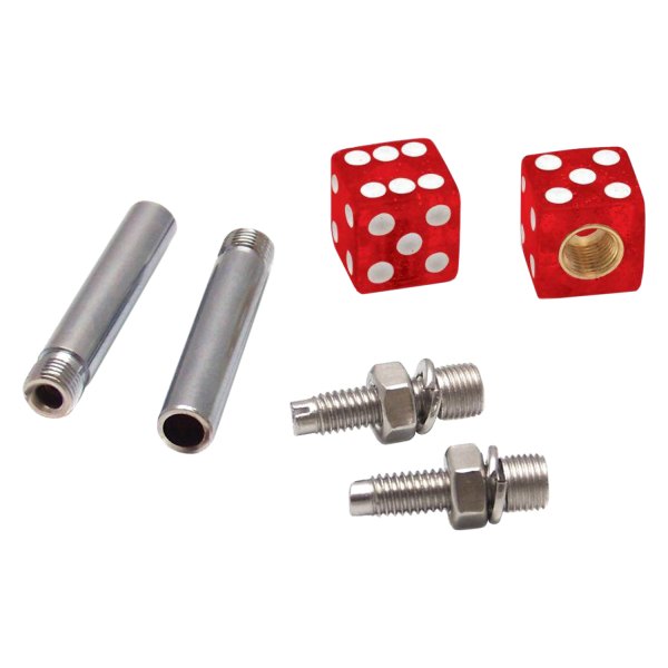 Vintage Parts® - Red Sparkle Dice Wheel Valve Stem Caps, Door Plungers and Plate Bolt Combo Kits