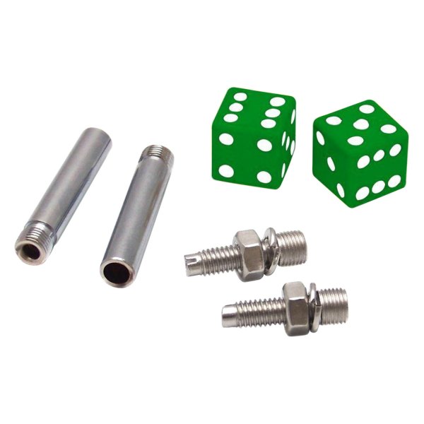Vintage Parts® - Green Dice Wheel Valve Stem Caps, Door Plungers and Plate Bolt Combo Kits