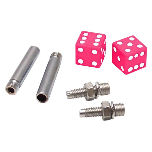 Vintage Parts® - Pink Dice Wheel Valve Stem Caps, Door Plungers and Plate Bolt Combo Kits