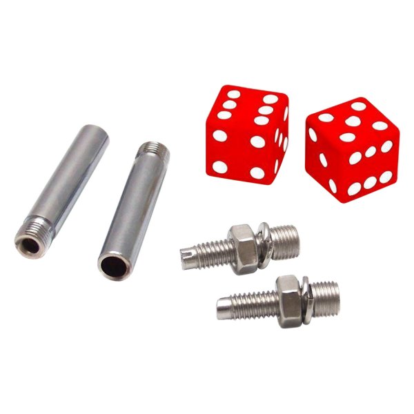 Vintage Parts® - Red Dice Wheel Valve Stem Caps, Door Plungers and Plate Bolt Combo Kits