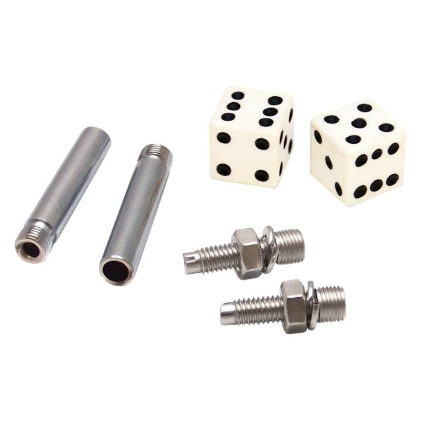 Vintage Parts® - White Dice Wheel Valve Stem Caps, Door Plungers and Plate Bolt Combo Kits