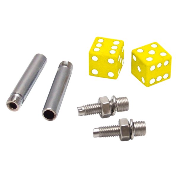 Vintage Parts® - Yellow Dice Wheel Valve Stem Caps, Door Plungers and Plate Bolt Combo Kits