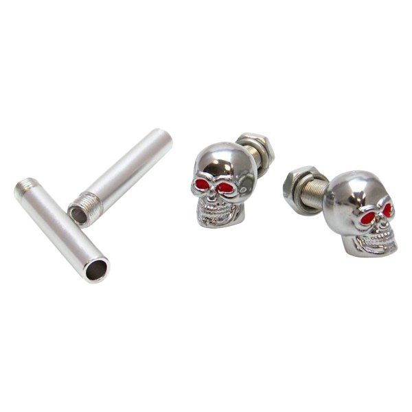 Vintage Parts® - Chrome Skull With Red Eyes Wheel Valve Stem Caps, Door Plungers and Plate Bolt Combo Kits