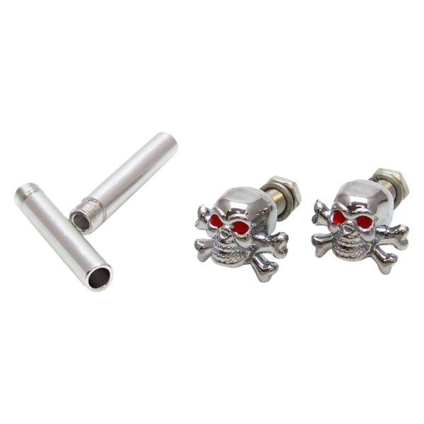Vintage Parts® - Chrome Skull and Cross Bones Wheel Valve Stem Caps, Door Plungers and Plate Bolt Combo Kits