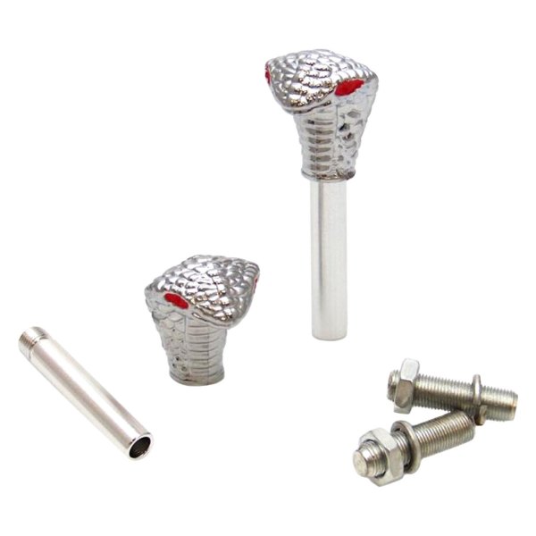 Vintage Parts® - Chrome Cobra With Red Eyes Wheel Valve Stem Caps, Door Plungers and Plate Bolt Combo Kits