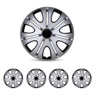 Winjet® - 14" 7 V-Spokes 5082 Style Silver Lacquer and Black Lacquer Hubcaps Wheel Covers