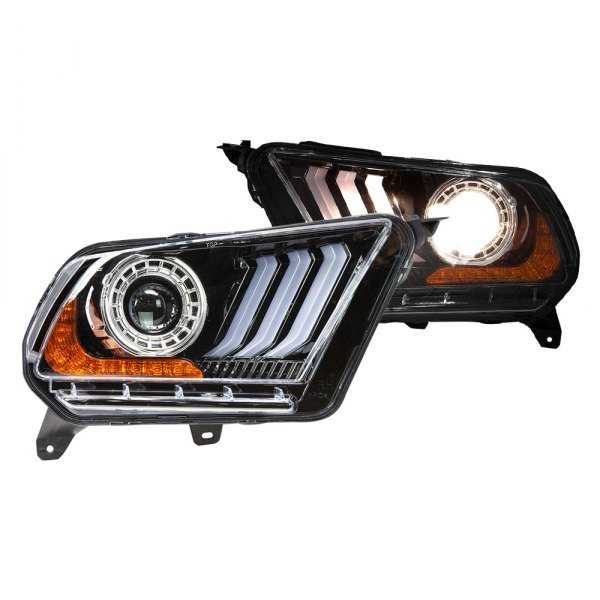 Winjet® - Gloss Black "Mustang Tri-Bar" Style Projector Headlights with Sequential LED Turn Signal, Ford Mustang