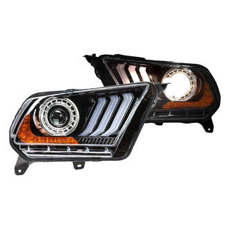 Winjet® - Driver and Passenger Side Gloss Black "Mustang Tri-Bar" Style Projector Headlights with Sequential LED Turn Signal