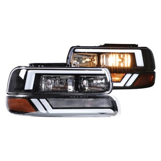 Winjet® - Driver and Passenger Side Gloss Black LED Light Tube Headlights with Turn Signal/Parking Lights