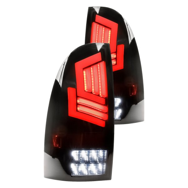 Winjet® - Gloss Black Sequential Fiber Optic LED Tail Lights, Toyota Tacoma