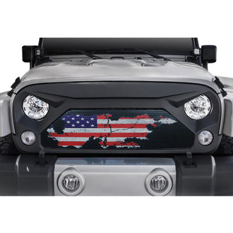 Xprite® - 1-Pc Gladiator Matte Black Mesh Main Grille with Distressed U.S. Flag Stainless Steel Mesh