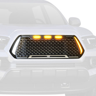 Xprite® - 1-Pc Horizon Matte Black Honeycomb Mesh Main Grille with Amber LED Running Lights